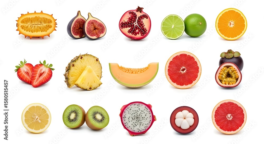 Fototapeta premium A vibrant assortment of freshly cut exotic and common fruits