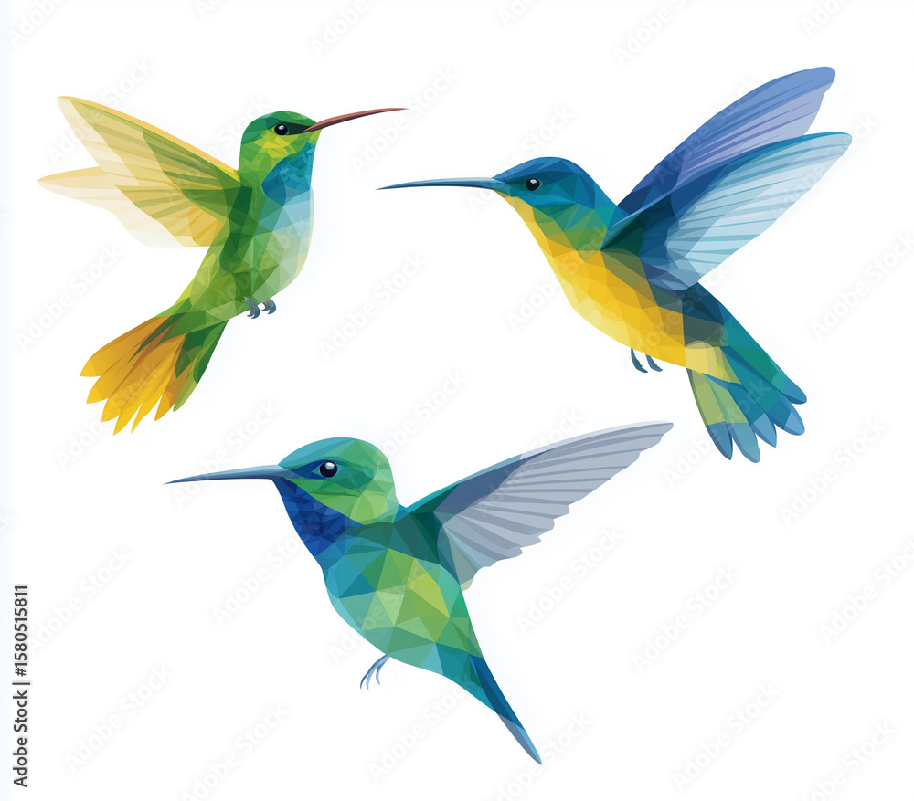 Obraz premium Three hummingbirds, vector illustration, flat design, white background