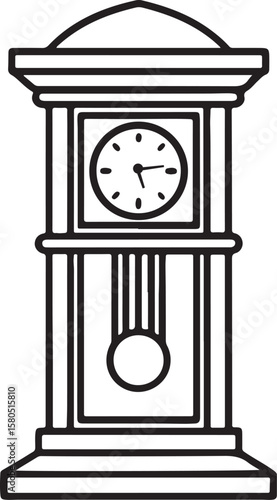 decorative grandfather clock line art, black outline, vector and illustration, coloring book page line art drawing
