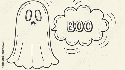 Cartoonish ghost with oval eyes and a downturned mouth saying boo in a speech bubble with wavy lines