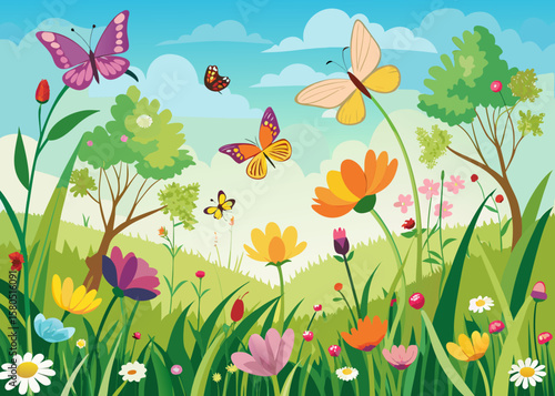 Vibrant meadow scene with colorful flowers and butterflies under a blue sky