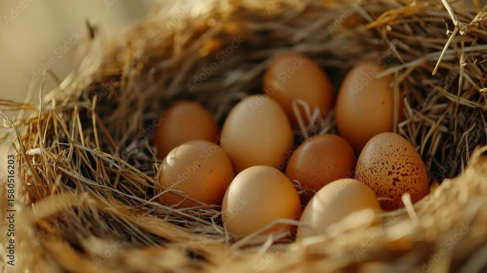 Brown eggs nest close up with natural straw and fresh organic poultry farm setting, warm light highlighting cozy rustic atmosphere, showcasing brown eggs resting in natural straw nest close together Brown eggs nest close up with natural straw and fresh organic poultry farm setting, warm light highlighting cozy rustic atmosphere, showcasing brown eggs resting in natural straw nest close together