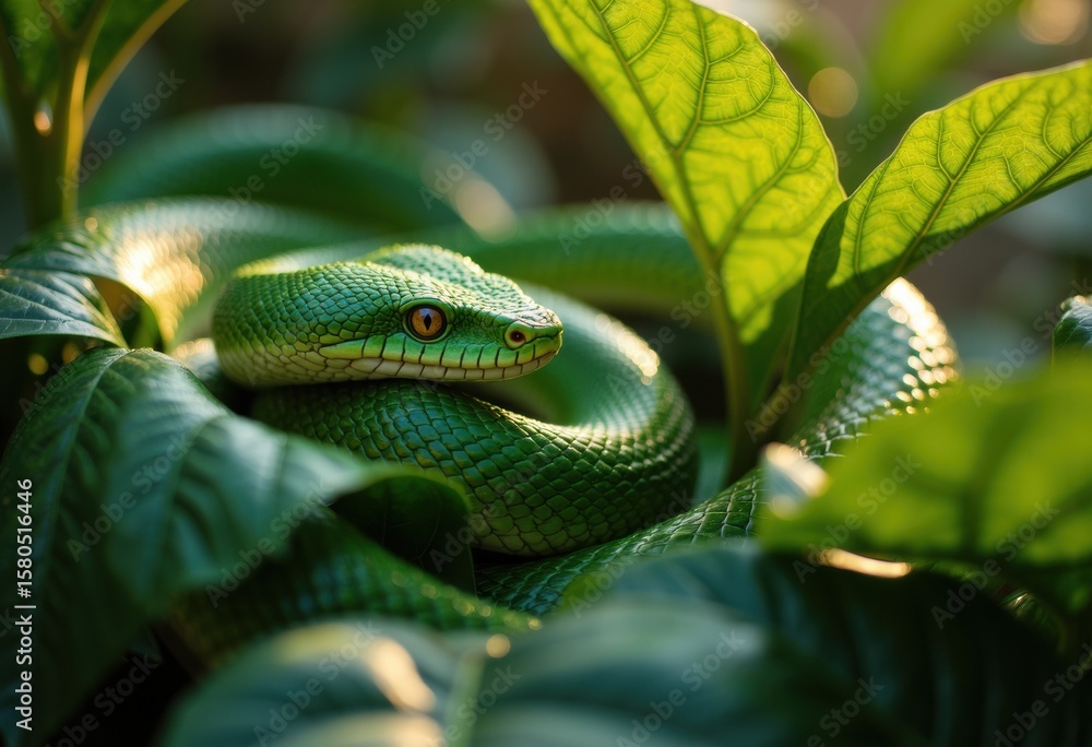 Obraz premium Green snake coiled among lush leaves in a vibrant jungle setting