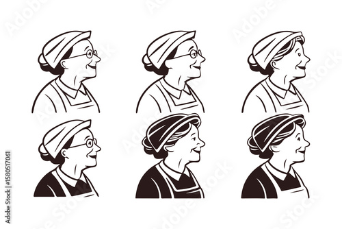 Set of grandmother portraits in profile. Vector icons of a smiling senior woman with glasses. Happy retro character logo illustration collection.