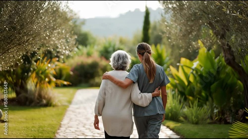 A young female caregiver walking arm-in-arm with an elderly woman in a serene garden, soft sunlight, nursing scrubs, elderly care concept,
