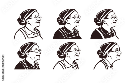 Set of grandmother portraits in profile. Vector icons of a smiling senior woman with glasses. Happy retro character logo illustration collection.