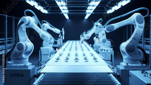 Robotic Arms Working on Assembly Line in Factory Setting