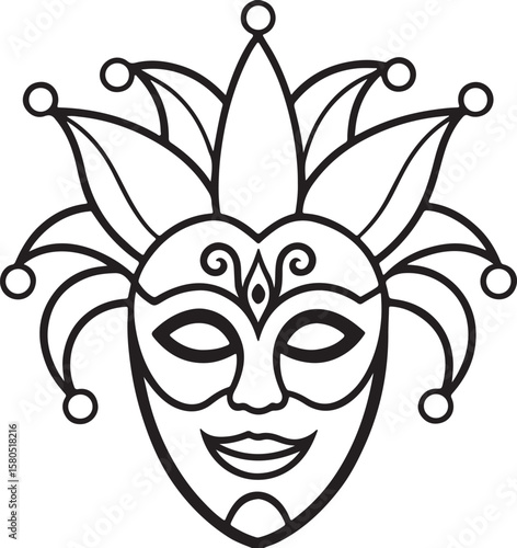 carnival mask line art, black outline, vector and illustration, coloring book page line art drawing