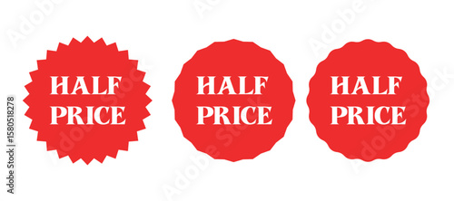 Half Price Red Label Set on White Background – Discount Sale Vector Collection