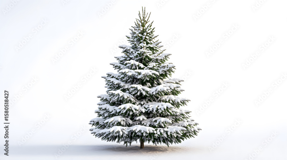 Fototapeta premium Snow covered Christmas tree isolated on white. Winter holiday symbol.