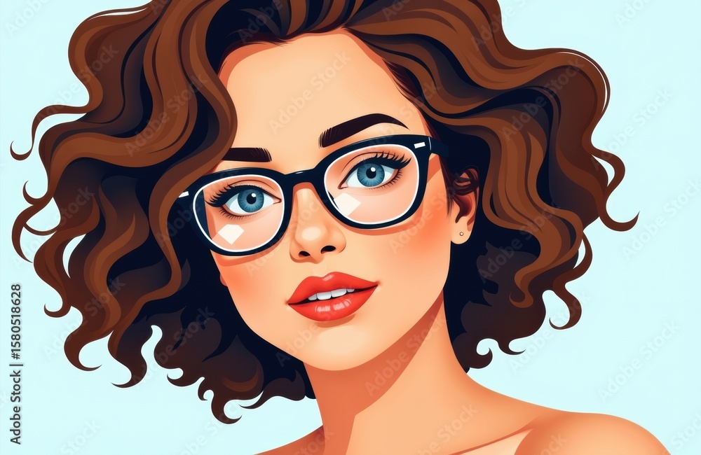 Woman with curly brown hair and glasses looking at the camera Woman with curly brown hair and glasses looking at the camera