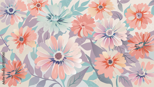 Wallpaper Mural Pastel floral pattern featuring a variety of daisy like flowers and leaves in soft watercolor style Torontodigital.ca