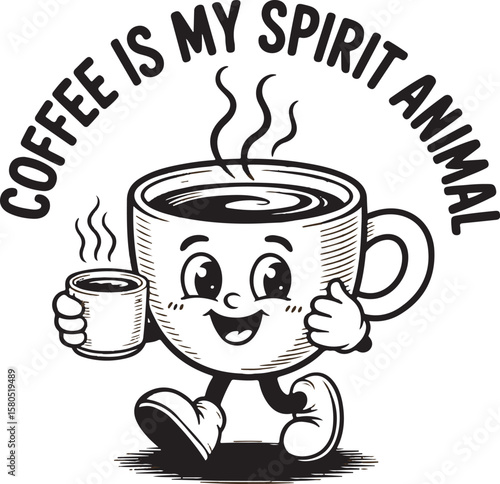 Anthropomorphic coffee cup character with steam holding a small cup and giving a thumbs up cartoon