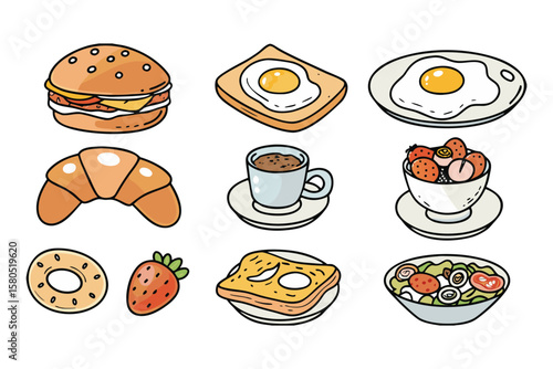 Hand drawn breakfast and brunch food icon set. Cartoon vector collection of burger, egg, coffee, croissant, and salad. Isolated illustration.