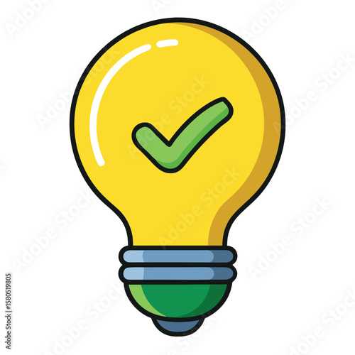 Yellow Light Bulb with Green Check Mark – Vector Icon for Idea, Approval, Success