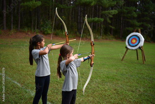 Two girls archers lined up on grassy field, aiming bows at distant targets under sunny blue sky during outdoor practice.