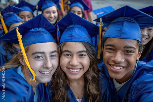 A group of graduates in caps and gowns standing together for a selfie in front of their school, beaming with pride and accomplishment after graduation 