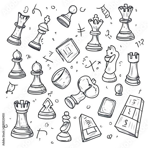 Hand drawn doodle chess pieces set with chess board and timer in sketch style isolated on white background for chess game and strategy concepts vector illustration