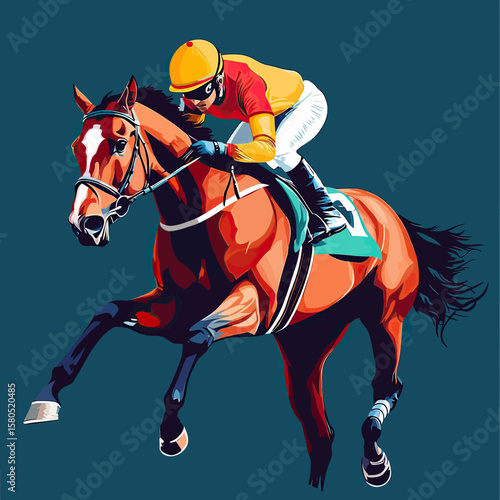Dynamic horse racing competition with jockey in yellow helmet and red jersey riding galloping bay horse in flat minimalist vector style on dark background