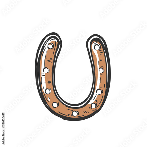 Hand drawn brown horseshoe with nail holes sketch style western cowboy luck symbol vintage doodle vector illustration on white background
