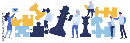 Business team collaborating with large puzzle pieces and oversized chess figures illustrating strategy planning and teamwork in flat vector style