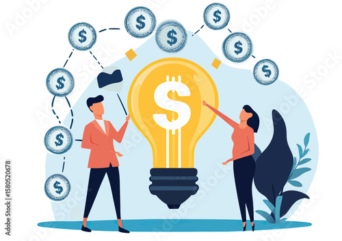 Business people connecting money symbols with large lightbulb representing investment, startup funding, financial growth concept in flat vector style