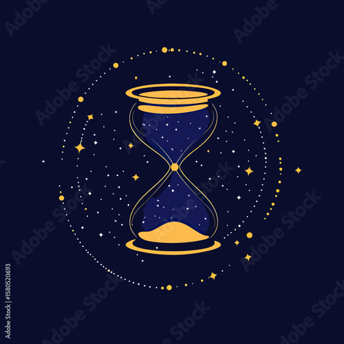 Abstract golden hourglass with flowing sand surrounded by glowing cosmic stars and circular orbit dots on dark blue galaxy background