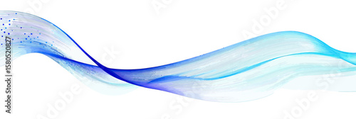 Abstract flowing blue wave lines with translucent gradient effect and digital particle accents on white background for technology and sound visualization design banner template
