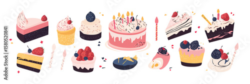 Assortment of colorful birthday cake slices cupcakes and desserts with cream berries candles and confetti flat vector illustration isolated on white background