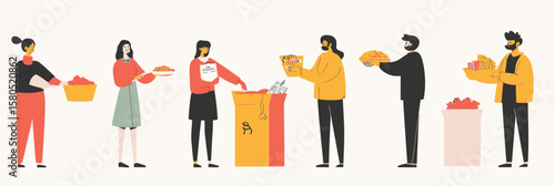 Volunteers collecting food donations and placing items into cardboard boxes in charity event flat vector illustration with diverse group of people helping community