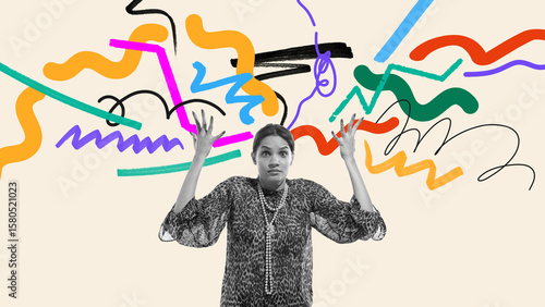 Conceptual collage of confused woman with expressive abstract scribbles. Concept of chaotic thinking, mental stress, idea overwhelm and emotional disruption for creative and educational use.