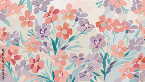 A watercolor style floral pattern with pink peach and purple flowers and green leaves scattered all over