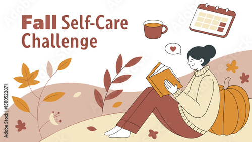 Embrace the cozy autumn season with a fall self care challenge featuring a woman reading a book a warm drink and a pumpkin
