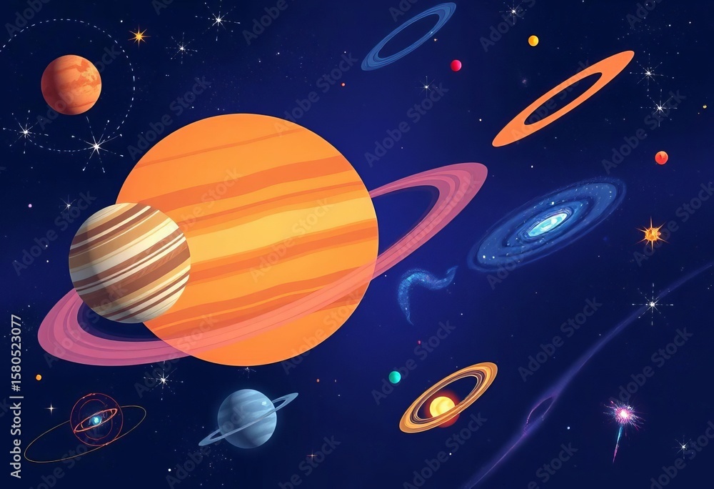 Fototapeta premium Simple flat vector illustrations of planets, stars, galaxies, nebulae, comets, and astronomical phenomena , nebula, space travel
