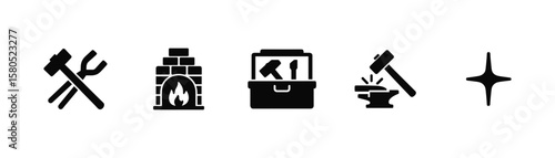 Crafts and diy solid icon set. tools, fireplace, anvil solid icon collection