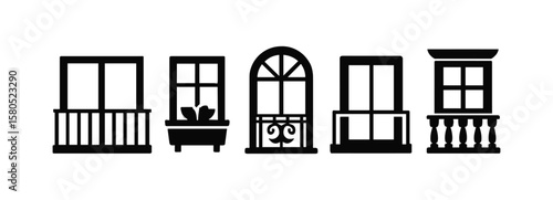 Window and balcony silhouette icon set. architecture-themed pictogram collection