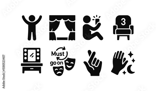 Theater and performance solid icon set. drama, stage, entertainment icons collection