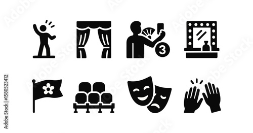Theater and performance solid icon set. drama, entertainment, arts icons collection