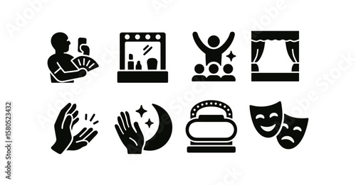 Theater, performance solid icon set. drama, stage arts solid collection