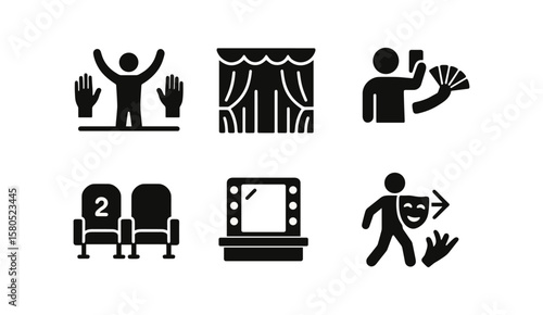 Theater, performance solid icon set. drama, entertainment graphics collection