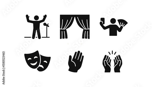 Theater, performing arts silhouette icon set. drama, stage performance icons pack