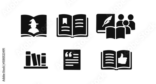 Book and reading solid icon set: library, literature, and learning symbols