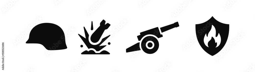 Fototapeta premium Military and defense silhouette icon set. helmet, bomb, and shield symbols collection