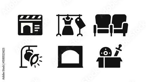 Theater, movie silhouette icon set. film, stage performance, cinema, drama icons collection