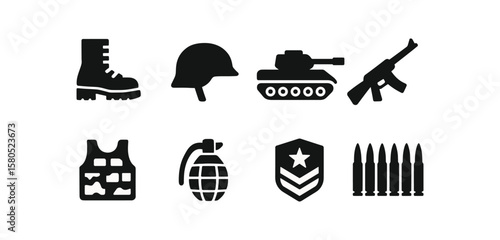 Military equipment solid icon set. weapons, armor, gear collection for defense graphics