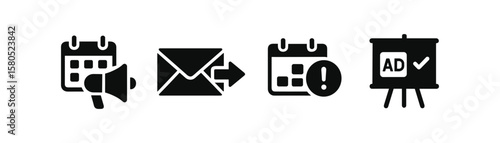 Marketing, advertising solid icon set. communication, promotion tools in solid design