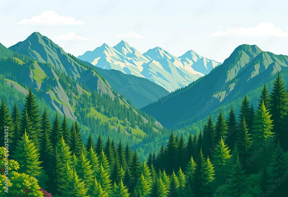 Fototapeta premium Stylized flat vector illustration of a green forest mountain landscape ideal for wallpaper, backdrop, or tourism design, picture, green