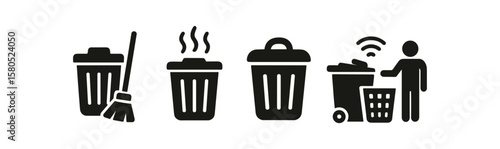 Waste management icon set. trash, recycling, cleaning icons solid style collection