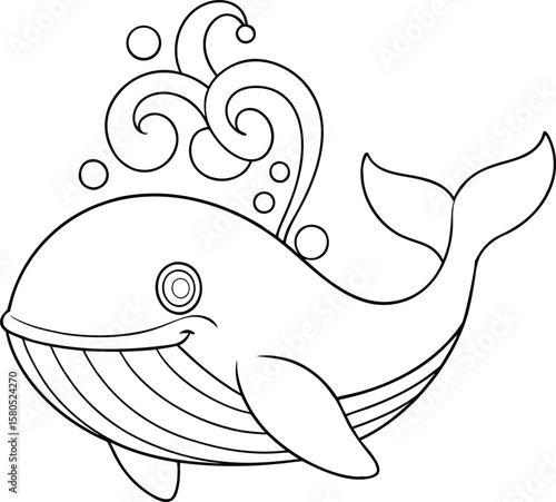 Whale swimming through ocean waves with water spout above Vector illustration