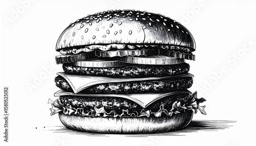 Detailed black ink sketch of a burger with layers labeled, isolated on white background, minimalistic food illustration layout for menu or branding design